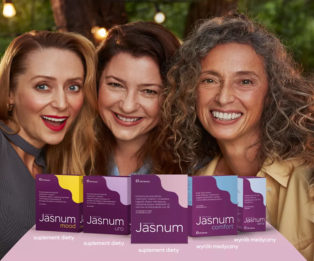 Trzy uśmiechnięte kobiety patrzą w obiektyw, poniżej zestaw opakowań Jasnum.